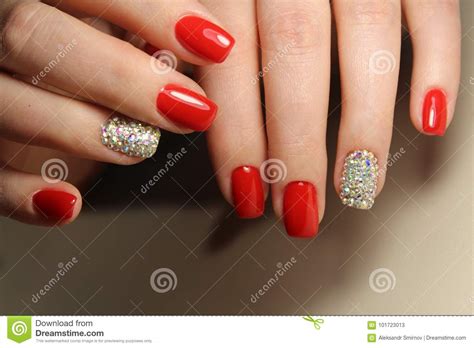 Red Nails With Rhinestones Stock Image Image Of Shine