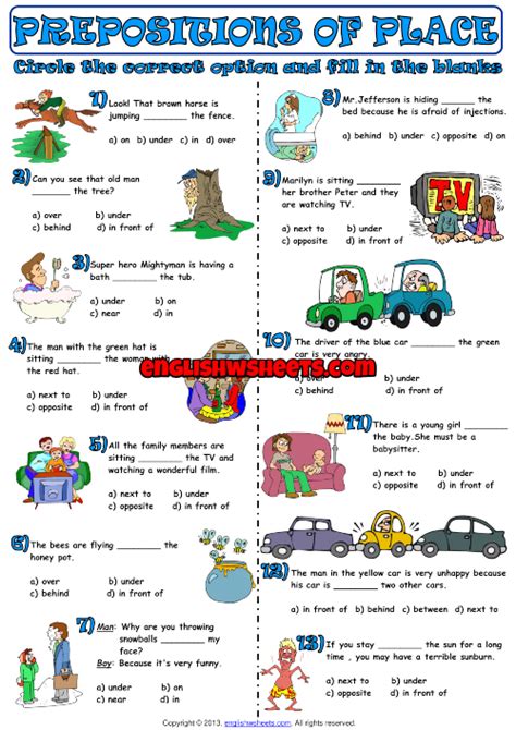 prepositions  place multiple choice exercise worksheet