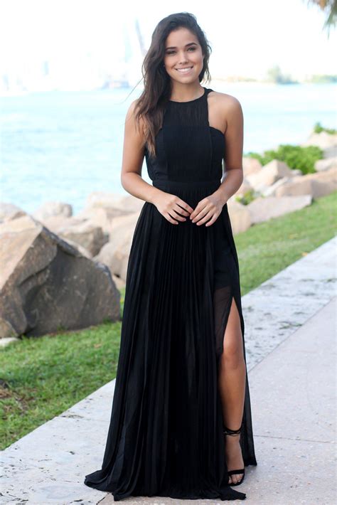 Black Pleated Maxi Dress With Side Slits Maxi Dresses Saved By The