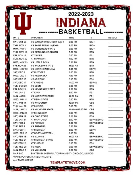 Printable 2022 2023 Indiana Hoosiers Basketball Schedule