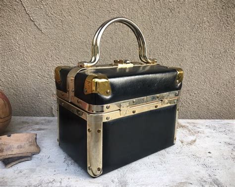 vintage delill black vinyl box purse  metal brass chrome detailing small train trunk hard