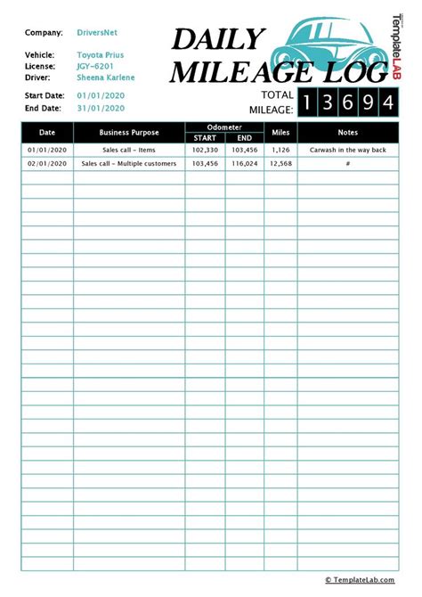 printable mileage log templates  templatelab mileage