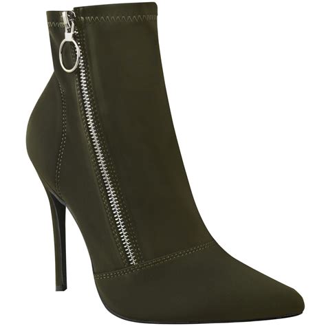 womens ladies black high heel stilettos ankle boots smart sexy zip up