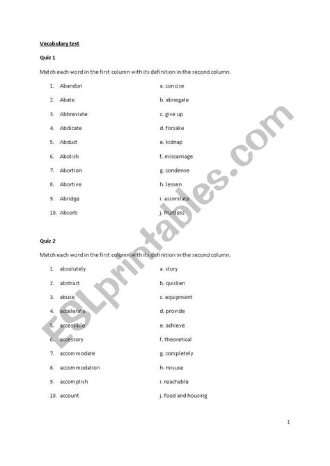 vocabulary test esl worksheet  nanthidanote