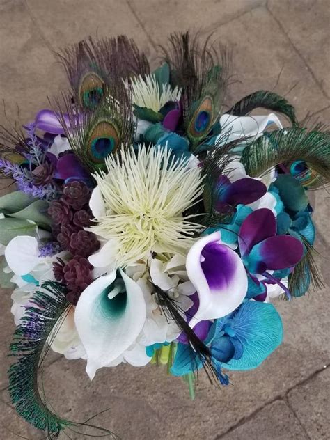 purple teal peacock bridal bouquet round cascading etsy picasso
