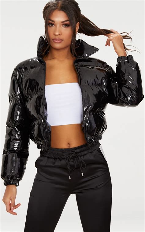 black cropped vinyl puffer jacket prettylittlething