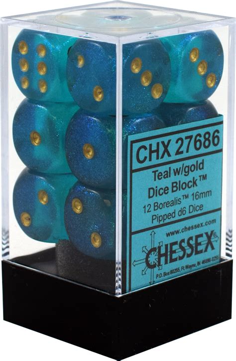 chessex borealis teal  gold mm standard  dice set chx
