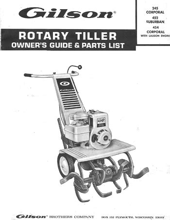 gilson corporal suburban front tine tiller owners manual  parts list