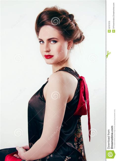 Beautiful Woman With Pale Skin And Red Lips Geisha Style