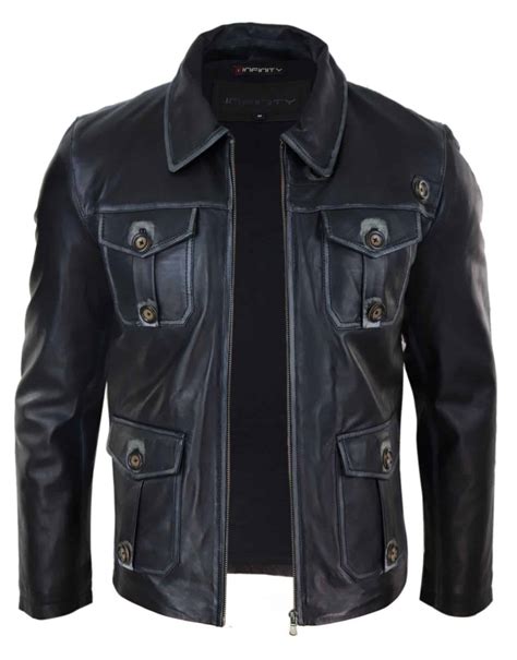 mens black leather jacket with racing stripes black color happy