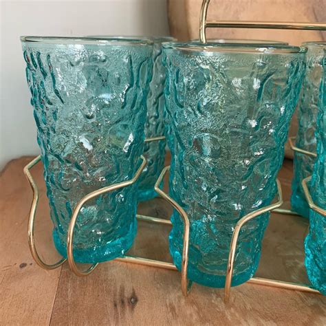 Set Of 8 Vintage 1960’s Aqua Blue Glass Tumblers With Wire Organizer