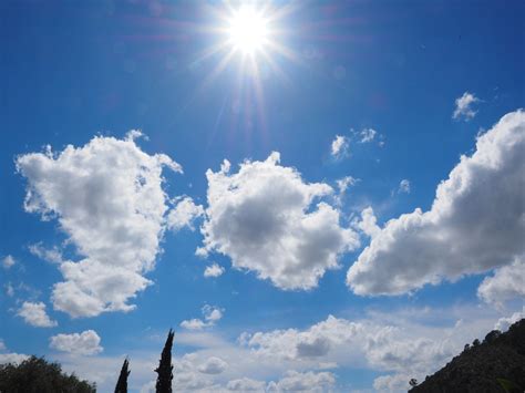 무료 이미지 수평선 하늘 태양 화이트 햇빛 낮 푸른 맑은 날 아름다운 날 적운 구름 적운운 여름날 기상