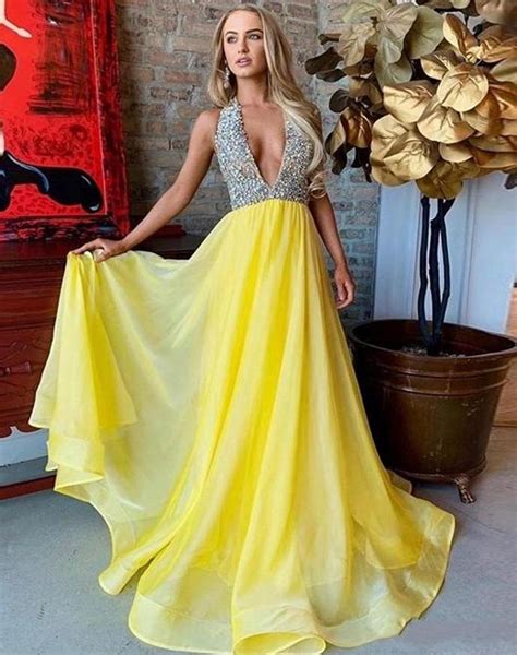 sexy yellow halter long prom dresses crystal illusion top