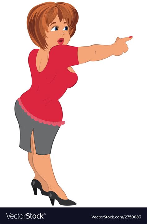 Cartoon Fat Woman In Red Top Pointing With Index Vector Image