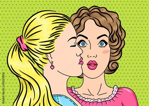 lesbians kissing first date concept in pop art comic style blonde and