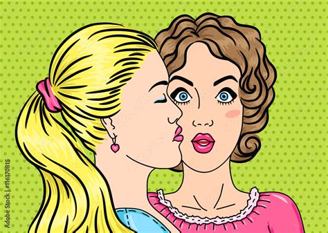 Lesbians Kissing First Date Concept In Pop Art Comic Style Blonde And