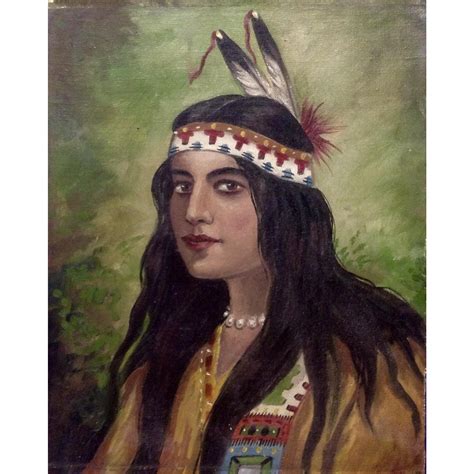 Native American Indian Maiden With Long Black Hair 19th Century Oil