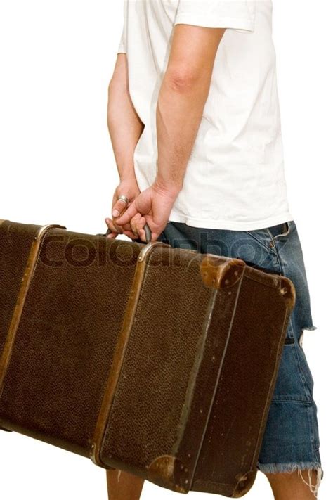 man holding   suitcase isolated  white stock photo colourbox