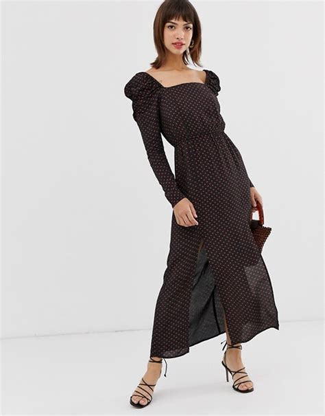 River Island Maxi Dress With Puff Sleeves In Black Print Asos