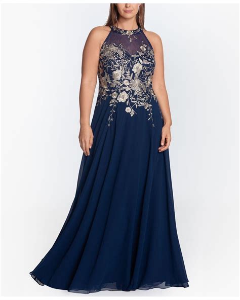 Betsy And Adam Chiffon Plus Size Embroidered Halter Dress In Navy Gold