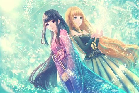 2girls Black Eyes Black Hair Blonde Hair Bou Nin Dress Green Eyes