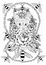 Coloring Pages Adults Cat Sphynx Tattoo Bees Chain Metal Tattoos Color Roses Adult Sphinx Maori Tatoo Surrounded Head Print Tatouage sketch template