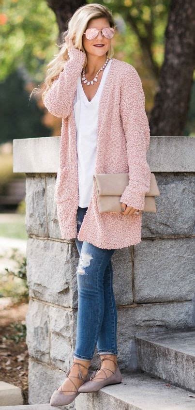Pretty Cool Fall Outfit Pink Cardigan White Top Bag