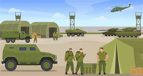 military base war transportation  soldiers vector flat illustration