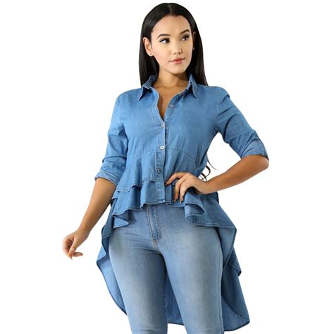 summer denim shirts long sleeve blue jeans asymmetrical ruffle blouse button  women long