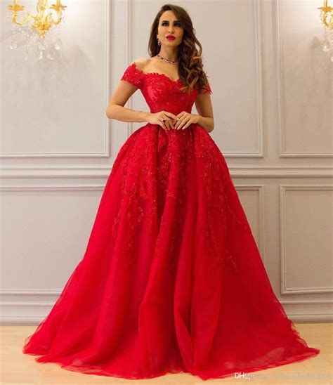red 2017 ball gown lace evening dresses appliques beaded off shoulder