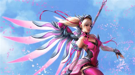 pink mercy overwatch wings fantasy digital art laptop full hd p hd  wallpapers