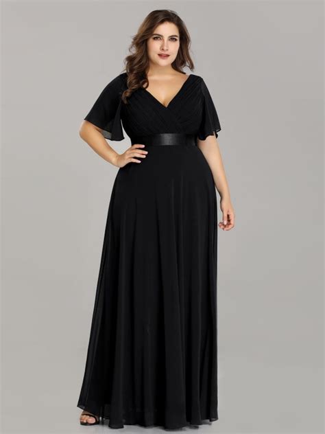 Plus Size V Neck Black Evening Dress With Flutter Sleeves