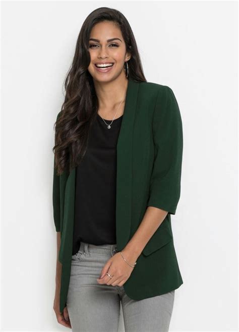 bonprix blazer alongado mangas franzidas verde escuro em  roupas de blazer ideias de