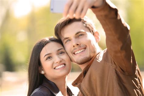Young Lovely Couple Taking Selfie Outdoors Stock Image Image Of