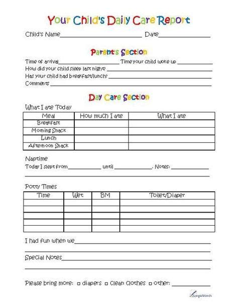 printable daily sheets  daycare