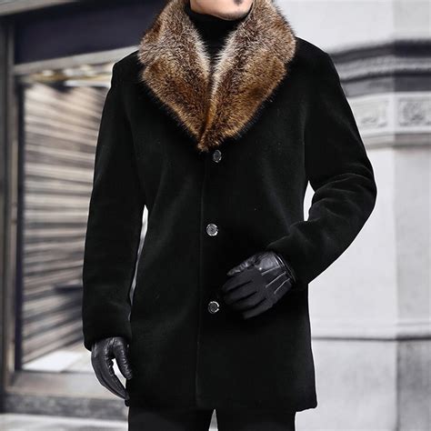 hiver hommes long manteau en laine  de fourrure chaud male solide mince decontracte coupe