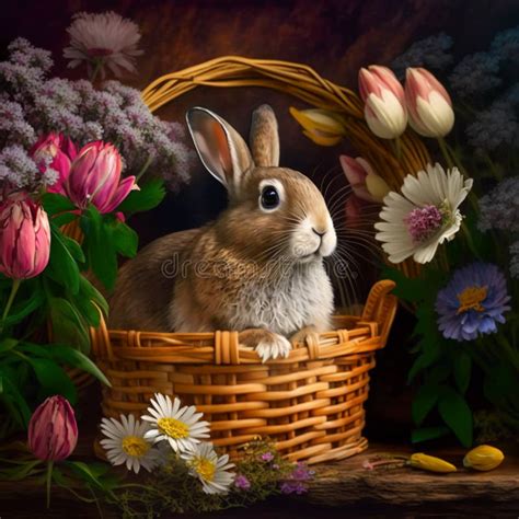 generative ai easter bunny   basket easter tulips easter greeting card stock image