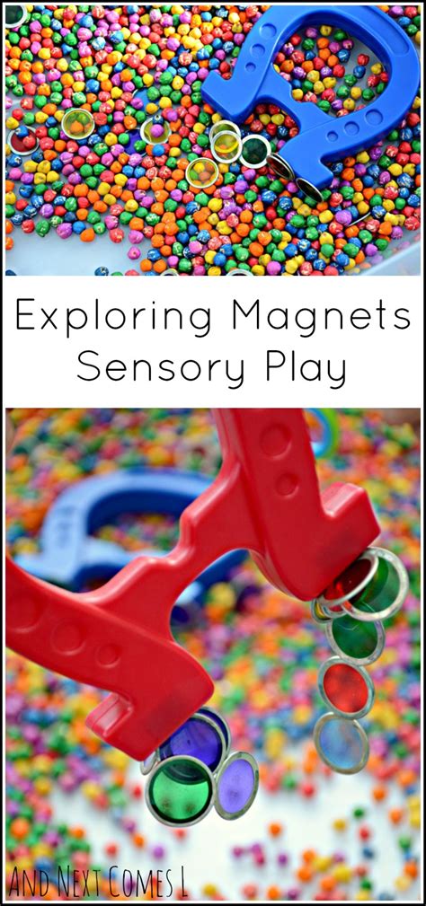 magnet sensory bin with rainbow dyed chickpeas science