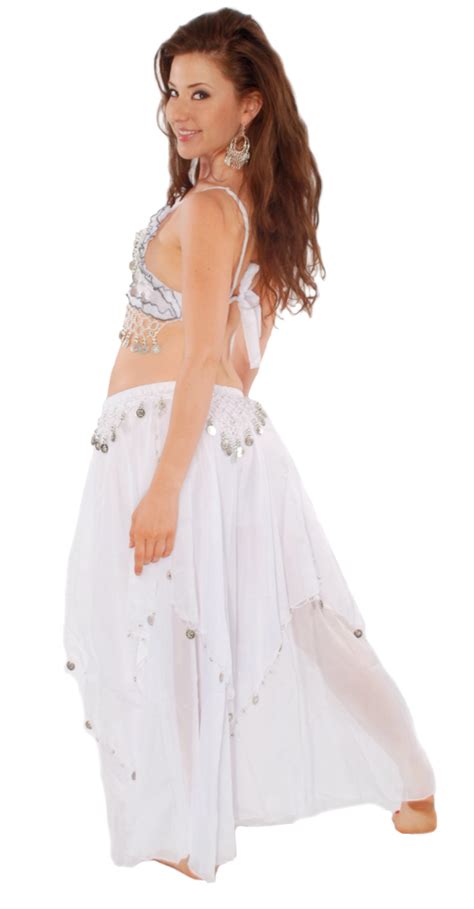 2 Piece Belly Dancer Costume With Coins White Silver