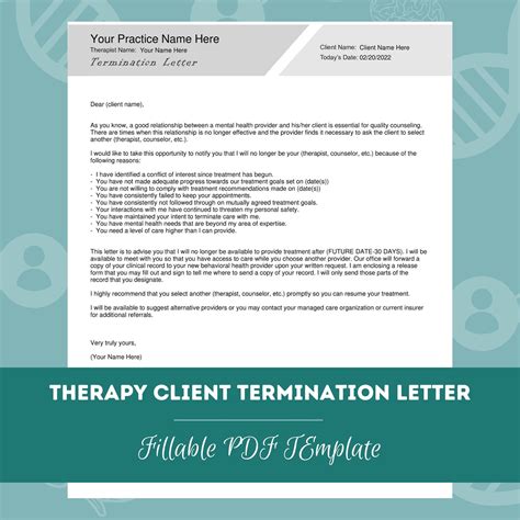 therapy client termination letter editable fillable  etsy