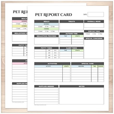 printable pet report card bundle daily care sheet