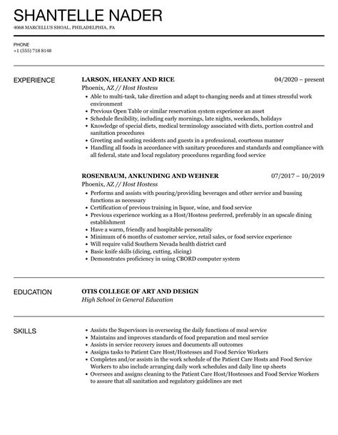 hostess resume sample