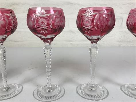 Set Of 4 Ruby Red Cut Crystal Glasses Stemware Signed