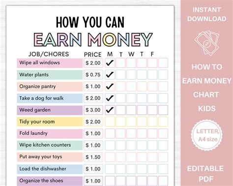 earn money chore chart editable allowance chore chart etsy uk
