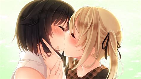 2girls black hair blush game cg kiss short hair shoujo ai anime