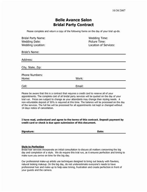 printable bridal hair contract template printable templates