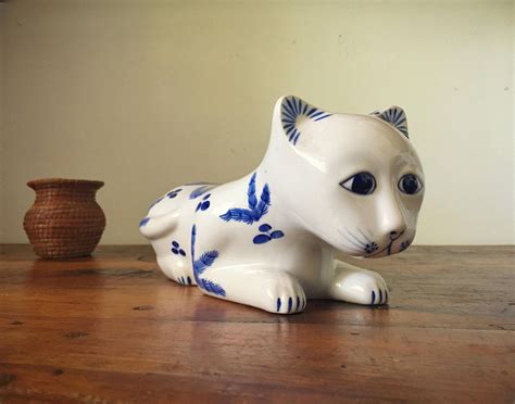 vintage porcelain cat figurine collectible chinoiserie blue  white