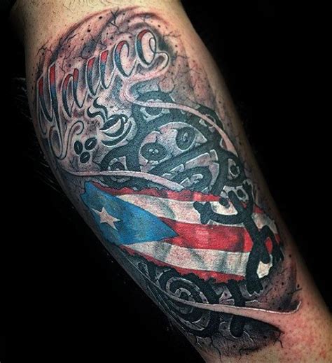 Mens Taino Tattoos With Puerto Rico Flag On Leg Taino Tattoos