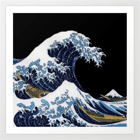 The Great Wave Off Kanishi In Black And White With Blue Waves On It
