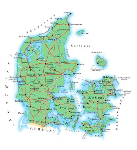 danmark geografiske kort  danmark danmark geografi kort